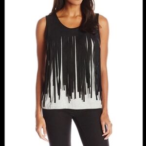 DEMOCRACY GRAY TANK TOP WITH BLACK SUEDE FRINGE MEDIUM